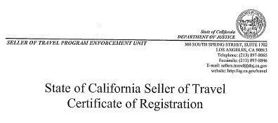 State of California Seller of Travel Certificate of Registration