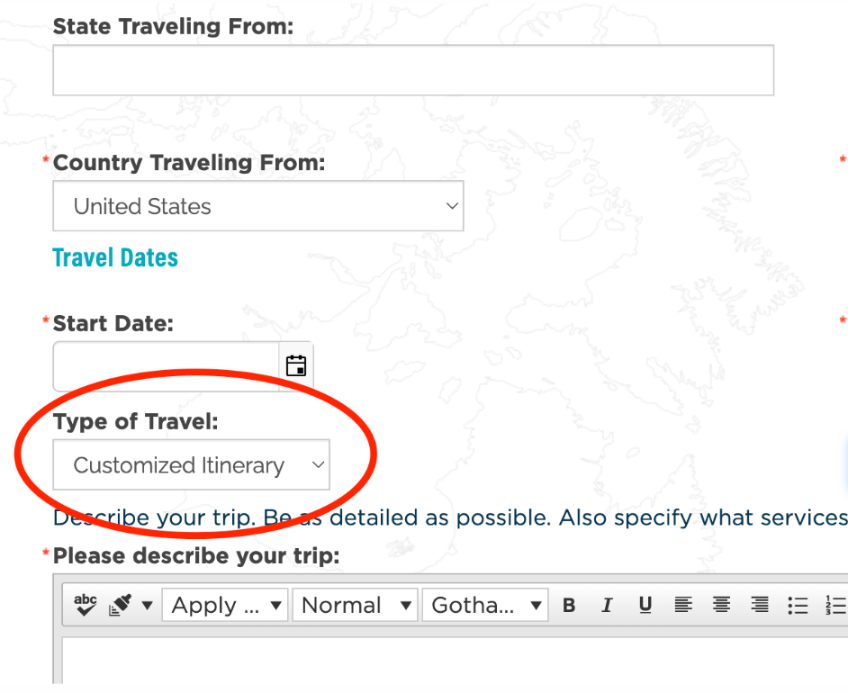 Image of ASTA (American Society of Travel Advisors) website indicating with a red circled text to choose "Customized Itinerary" under "Type of Advisor" dropdown..