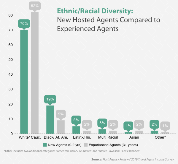 Diversity Among New Hosted Travel Agents Compared to Experienced Agents, 2019