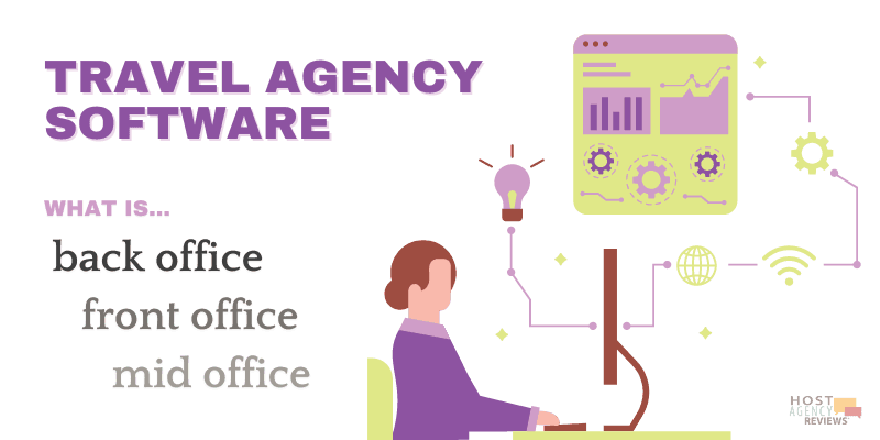 Illustrated infographic explaining the different roles in a travel agency, including back office, front office, and mid office functions.